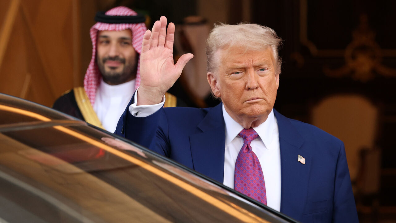 US President Donald J. Trump leaves the Saudi Royal Court with Saudi Crown Prince Mohammed bin Salman on May 13, 2025, in Riyadh, Saudi Arabia. 