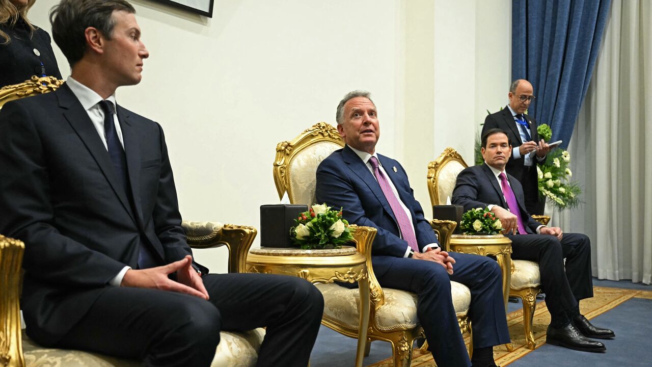 Donald Trump son-in-law Jared Kushner (L), White House special envoy Steve Witkoff (C) and US Secretary of State Marco Rubio attend a meeting between President Trump and Egyptian President Abdel Fattah al-Sisi (not pictured) at a summit on Gaza in Sharm el-Sheikh, Oct. 13, 2025.