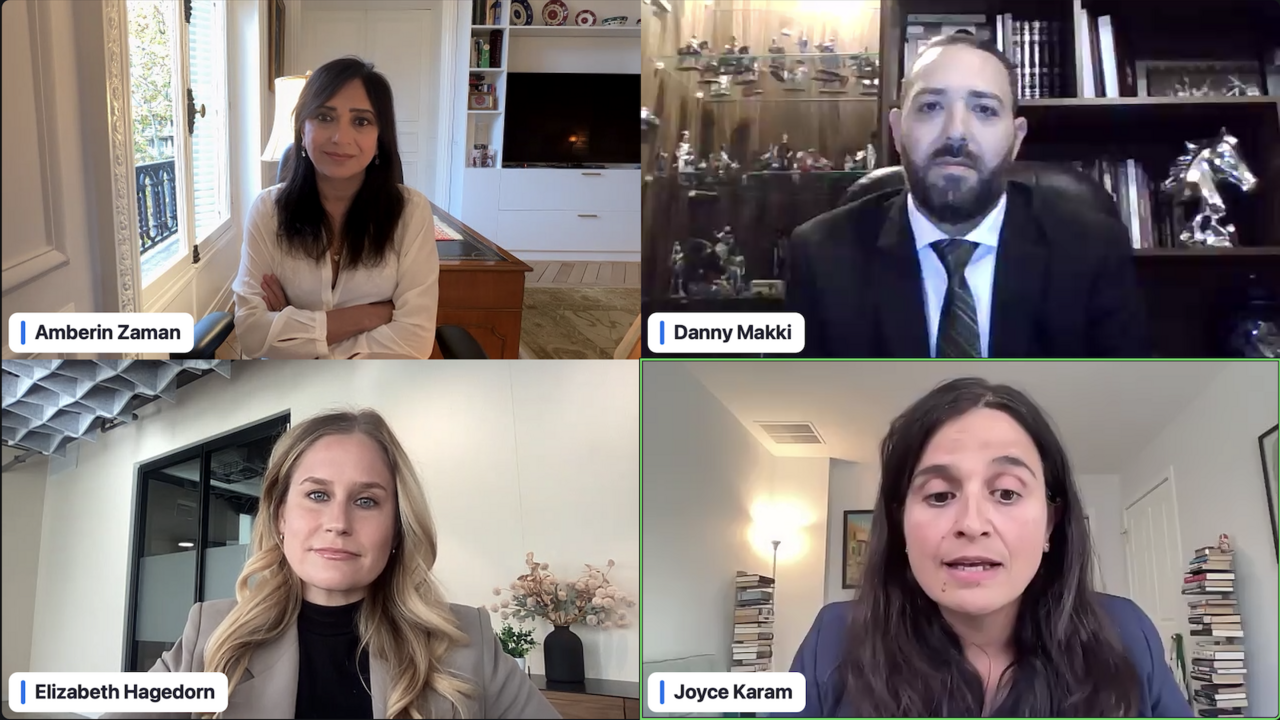Amberin Zaman, Elizabeth Hagedorn, Danny Makki, Joyce Karam in a virtual discussion on Syrian President Ahmed al-Sharaa's visit to Washington