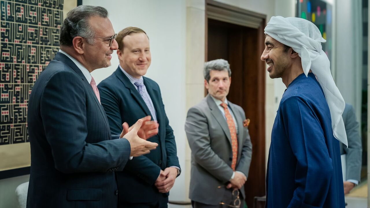 Sheikh Abdullah Bin Zayed Al Nahyan (R), Deputy Prime Minister and Minister of Foreign Affairs, received Massad Boulos (L), adviser to the US president for African and Arab affairs, in Abu Dhabi, on Nov. 24. 2025.
