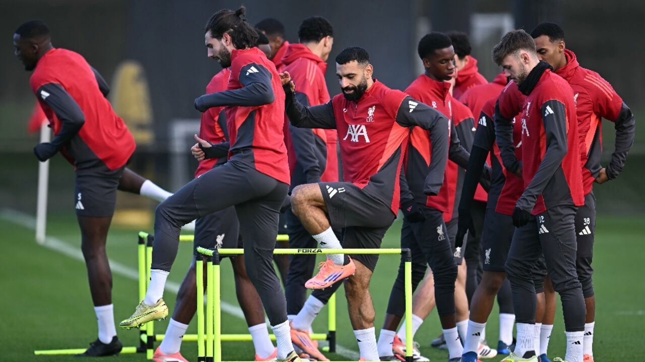 Mohamed Salah (centre) at a Liverpool training session 
