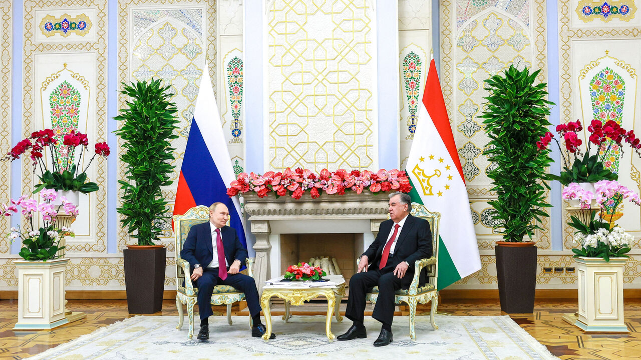 Russian President Vladimir Putin and Tajik President Emomali Rahmon attend a meeting at the Palace of the Nation in Dushanbe, Tajikistan October 9, 2025. Sputnik/Vladimir Smirnov/Pool via REUTERS