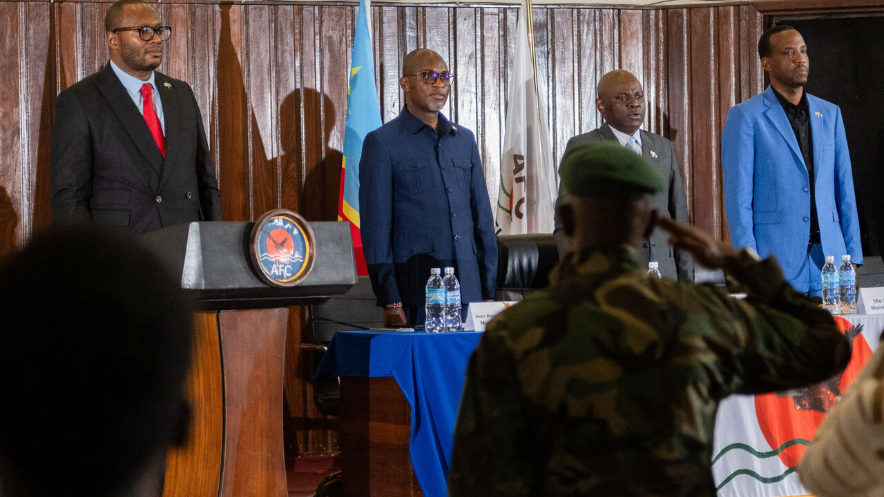 Members of the AFC-M23 Movement delegation attend a press conference on the framework peace agreement signed in Doha on November 15, in Goma, North Kivu Province, Democratic Republic of Congo, November 20, 2025. REUTERS/Stringer