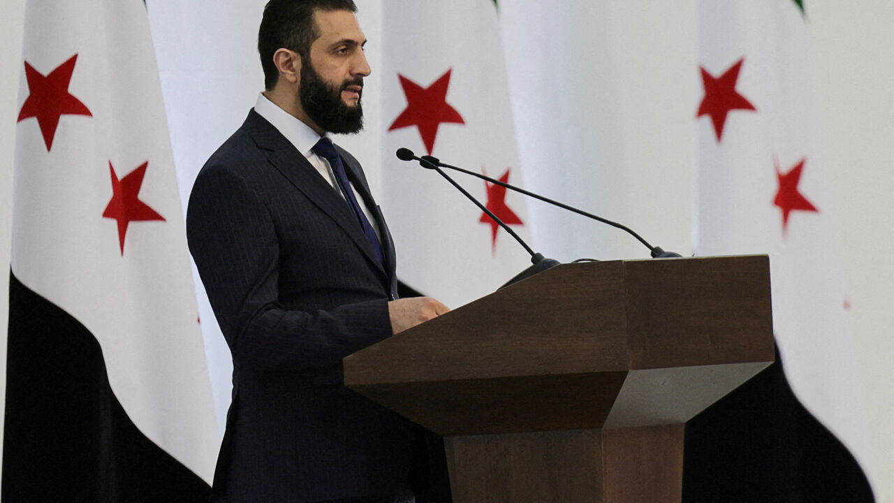 Syria's interim President Ahmed al-Sharaa speaks during a Ministerial formation of the government of the Syrian Arab Republic, in Damascus, Syria March 29, 2025. REUTERS/Khalil Ashawi