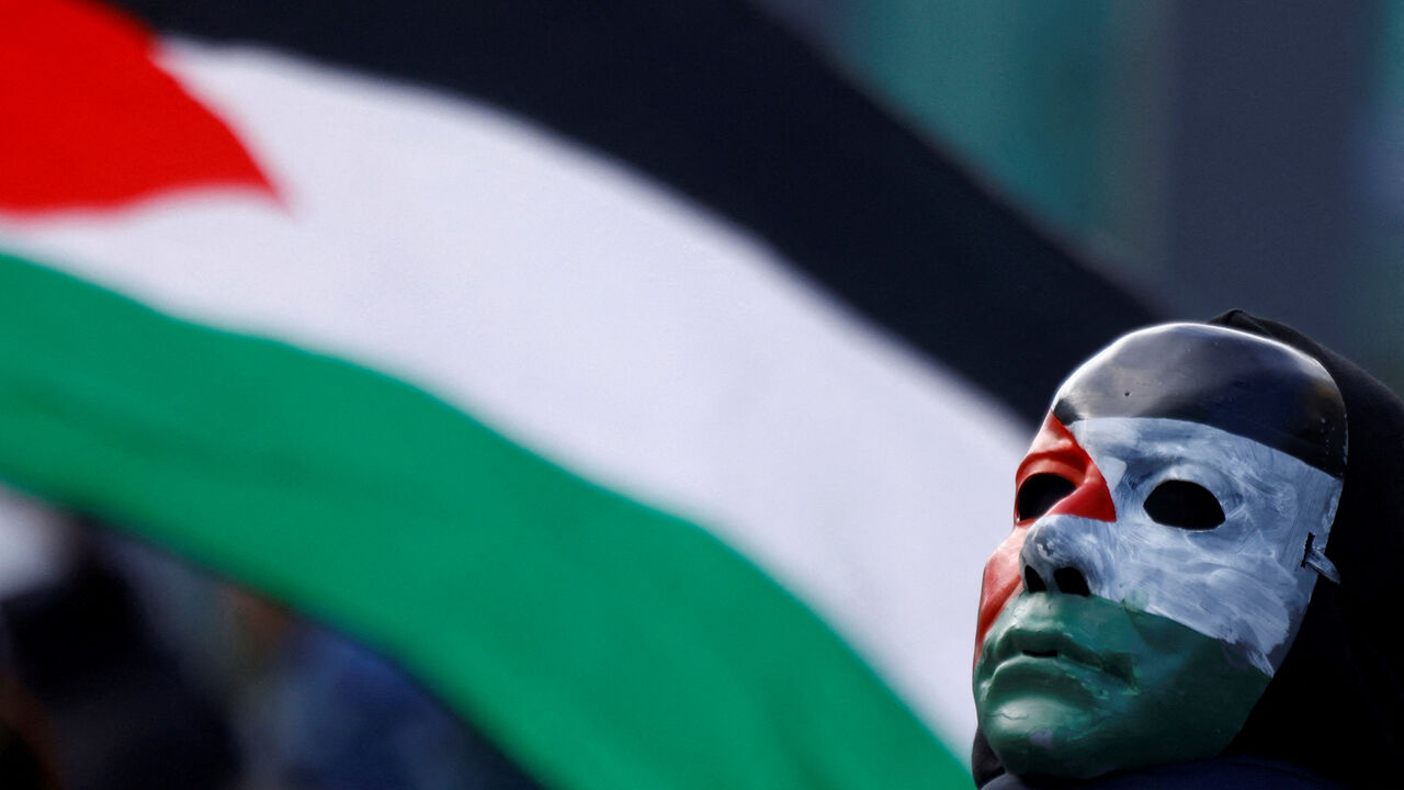 FILE PHOTO: A pro-Palestinian protestor wears a mask during a march to blockade Dublin Port in order to hinder trade, in Dublin, Ireland, November 2, 2025. REUTERS/Clodagh Kilcoyne//File Photo
