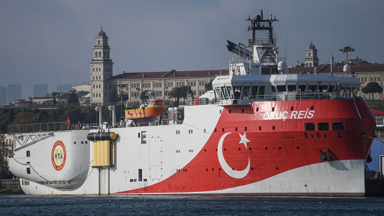 This picture taken on Aug. 23, 2019 in Istanbul shows a view of Turkish General Directorate of Mineral research and Exploration's (MTA) Oruc Reis seismic research vessel docked at Haydarpasa port, which searches for hydrocarbon, oil, natural gas and coal reserves at sea. 