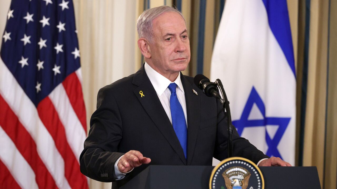 Israeli Prime Minister Benjamin Netanyahu participates in a joint news conference with US President Donald Trump (not seen) in the State Dining Room at the White House on Sept. 29, 2025, in Washington.