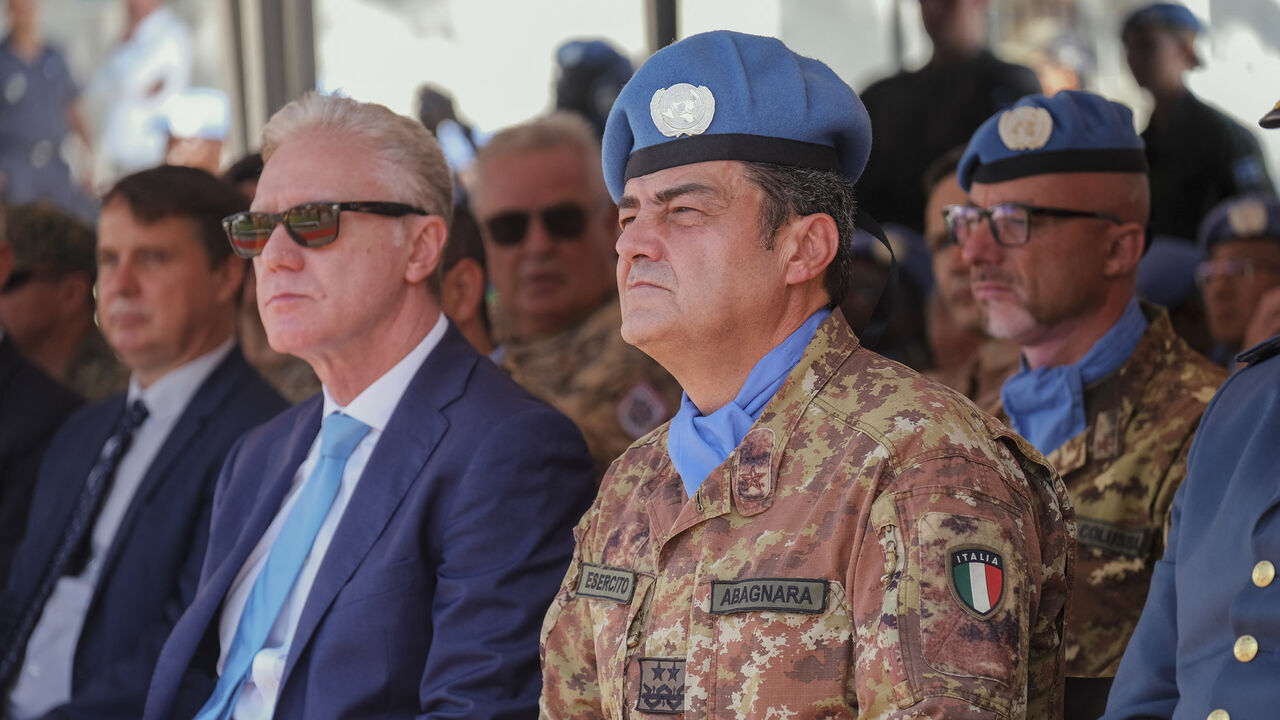Lebanese Minister of Foreign Affairs and Expatriates Youssef Rajji meets with Maj. Gen. Diodato Abagnara, UNIFIL head of mission and force commander, at the UN peacekeeping headquarters in Naqoura, southern Lebanon, Oct. 24, 2025.