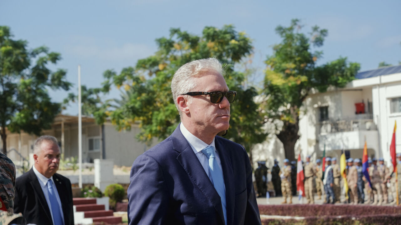 Lebanese Foreign Minister Youssef Rajji visits the headquarters of the United Nations Interim Force in Lebanon (UNIFIL) in Naqoura, southern Lebanon, on October 24, 2025, touring border villages and the Blue Line aboard a UNIFIL helicopter as part of efforts to assess the security situation along the frontier. (Photo by Courtney Bonneau / Middle East Images via AFP) (Photo by COURTNEY BONNEAU/Middle East Images/AFP via Getty Images)