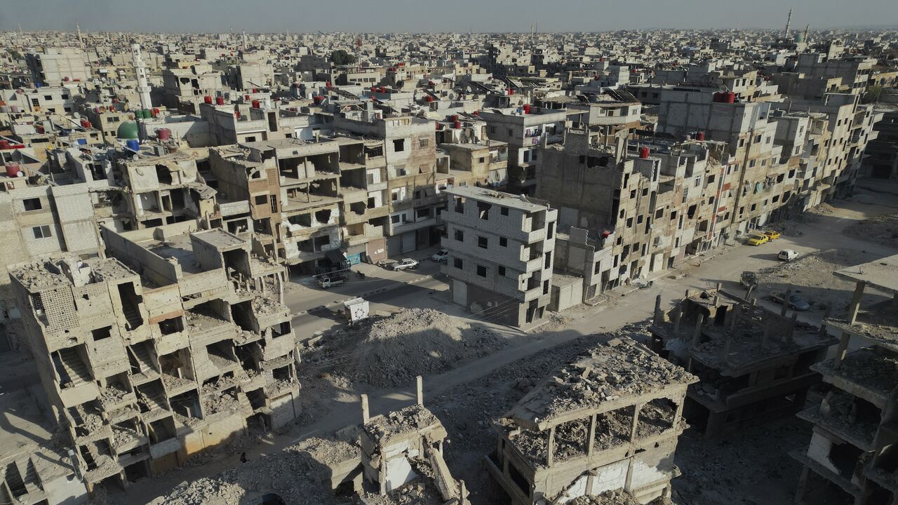 An aerial view shows the destruction across Yarmouk camp, Damascus, Syria, on Nov. 8, 2025.