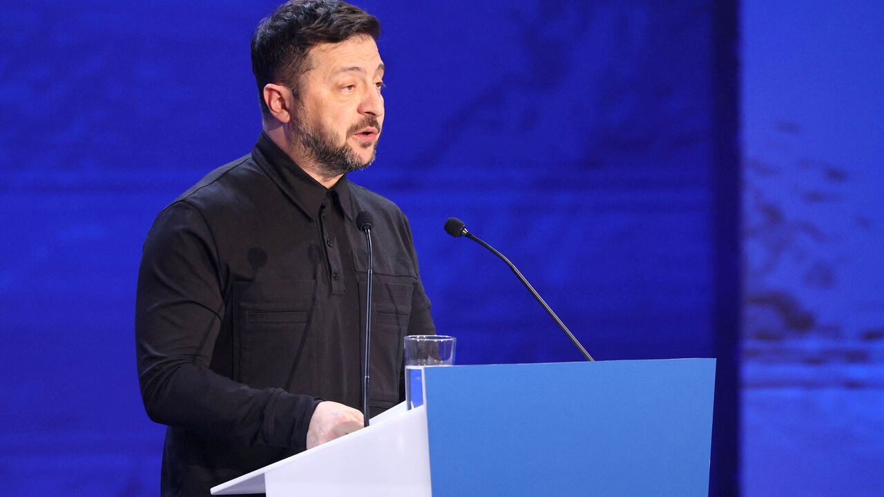 Ukraine's President Volodymyr Zelenskiy speaks during the official opening of Cyprus taking over the EU presidency at the THOC theatre in Nicosia, Cyprus January 7, 2026. HADJIELIA KYRIAKOS /PIO/Handout via REUTERS