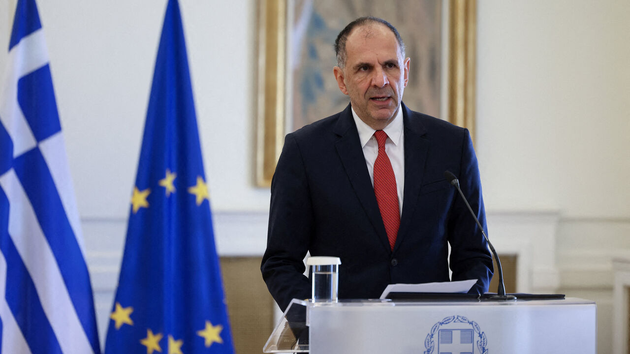 FILE PHOTO: Greek Foreign Minister George Gerapetritis attends a joint press conference at the Foreign Ministry in Athens, Greece, October 14, 2025. REUTERS/Stelios Misinas/File Photo