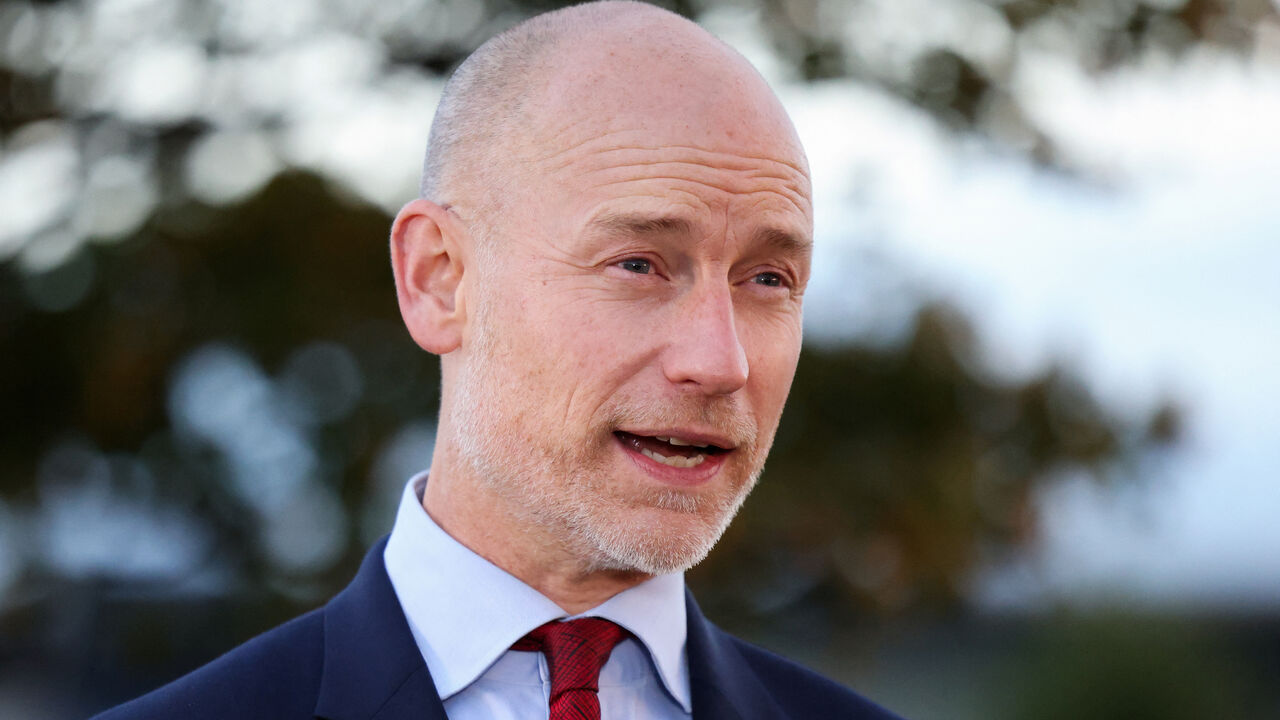 FILE PHOTO: Stephen Kinnock, Labour Party MP, speaks near Tata Steel Port Talbot steel production plant at Port Talbot, in Wales, Britain, September 30, 2024. REUTERS/Hollie Adams/ File Photo