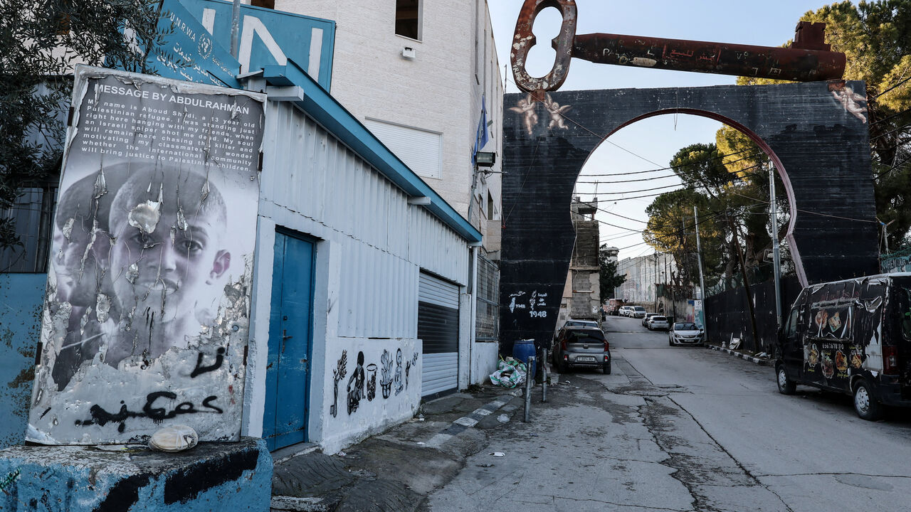 The Palestinian key of return lies on the entrance arch of the camp near an UNRWA center, in the Aida refugee camp in Bethlehem, in the Israeli-occupied West Bank, January 11, 2026. REUTERS/Ammar Awad