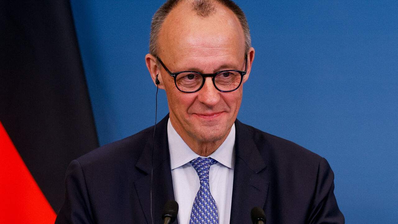 German Chancellor Friedrich Merz attends a  joint statement with Italian Prime Minister Giorgia Meloni (not pictured) at the end of Italian-German government consultations at Villa Doria Pamphili in Rome, Italy, January 23, 2026. REUTERS/Remo Casilli