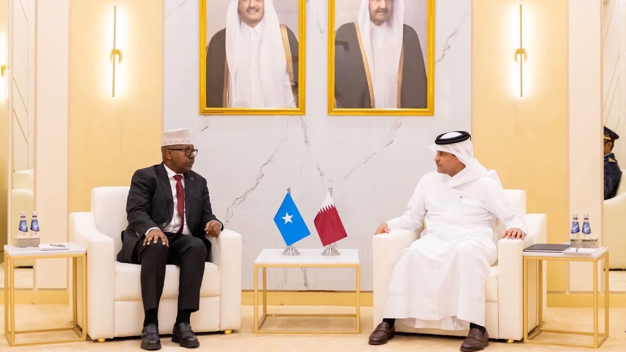 Somali Defense Minister Ahmed Moallim Fiqi and Qatar’s Deputy Prime Minister and Minister of State for Defense Affairs, Sheikh Saoud bin Abdulrahman bin Hassan Al Thani, meet on the sidelines of the Doha International Maritime Defense Exhibition and Conference (DIMDEX2026), Jan. 20, 2026.
