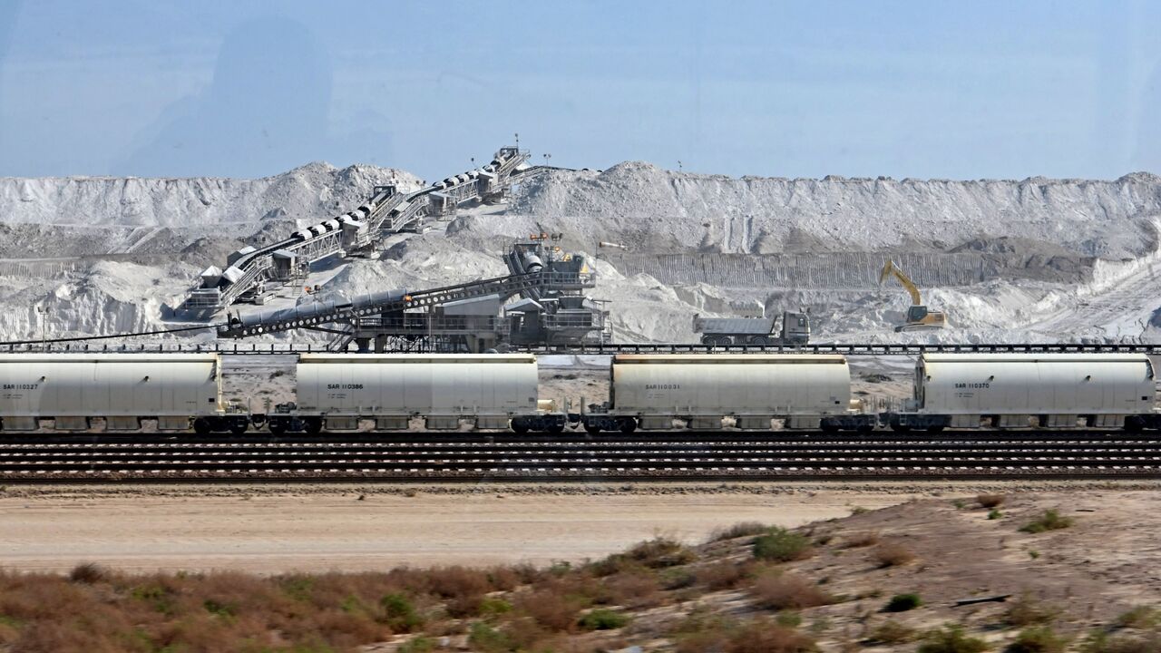 Railroad tracks by a quarry at the Jubail Industrial City, north of Dammam, in Saudi Arabia's Eastern province, overlooking the Gulf, Dec. 11, 2019.