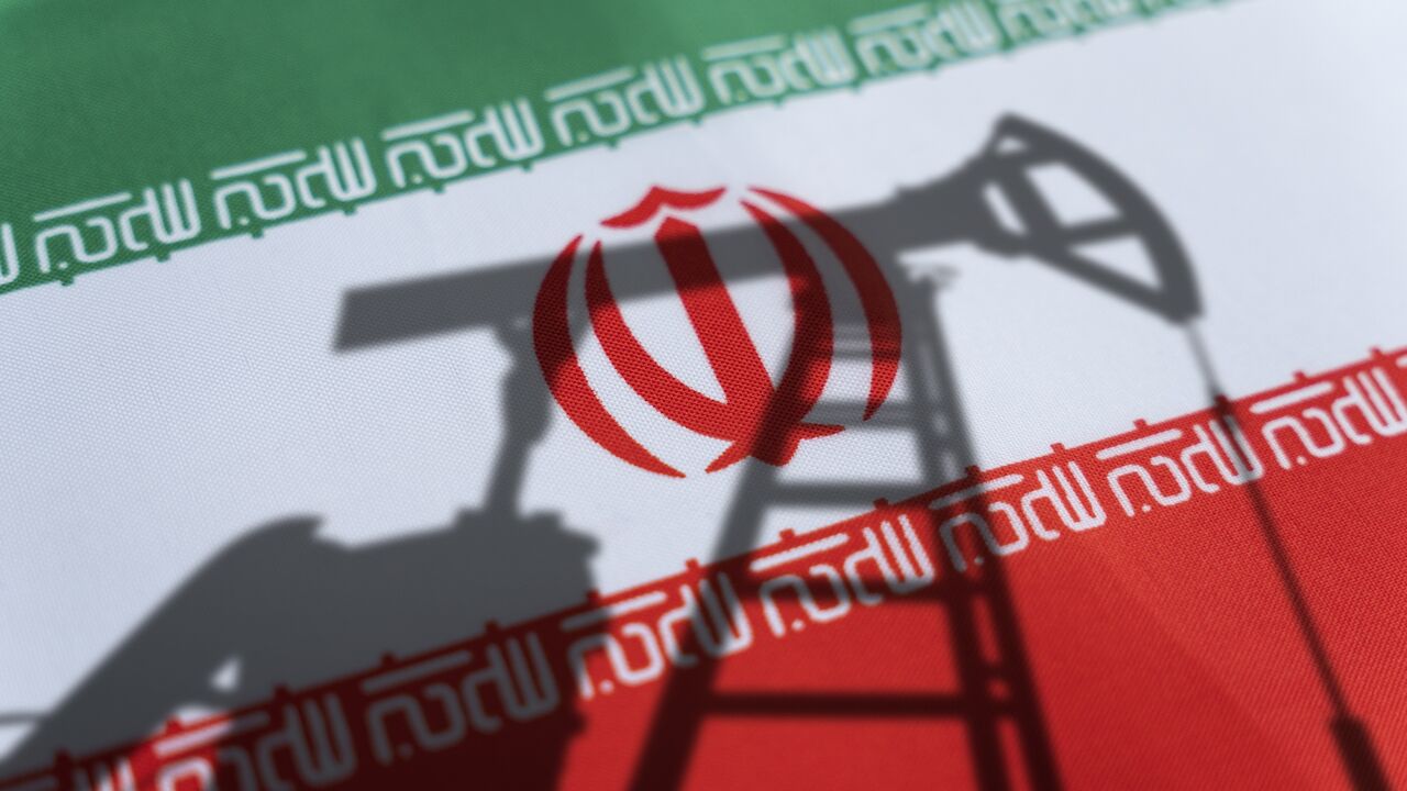 Oil rigs on the background of the Iranian flag. 