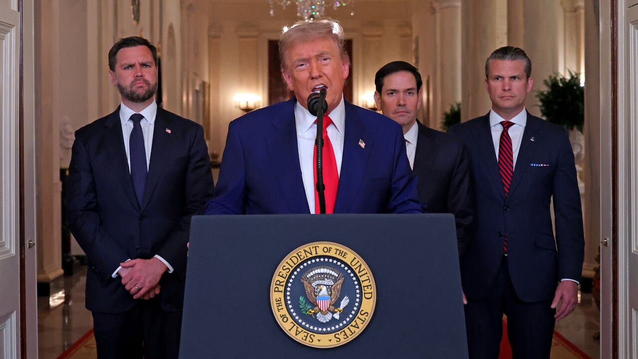 US President Donald Trump addresses the nation, alongside US Vice President JD Vance (L), US Secretary of State Marco Rubio (2nd R), and US Secretary of Defense Pete Hegseth (R), from the White House in Washington, on June 21, 2025, following the announcement that the US bombed nuclear sites in Iran.