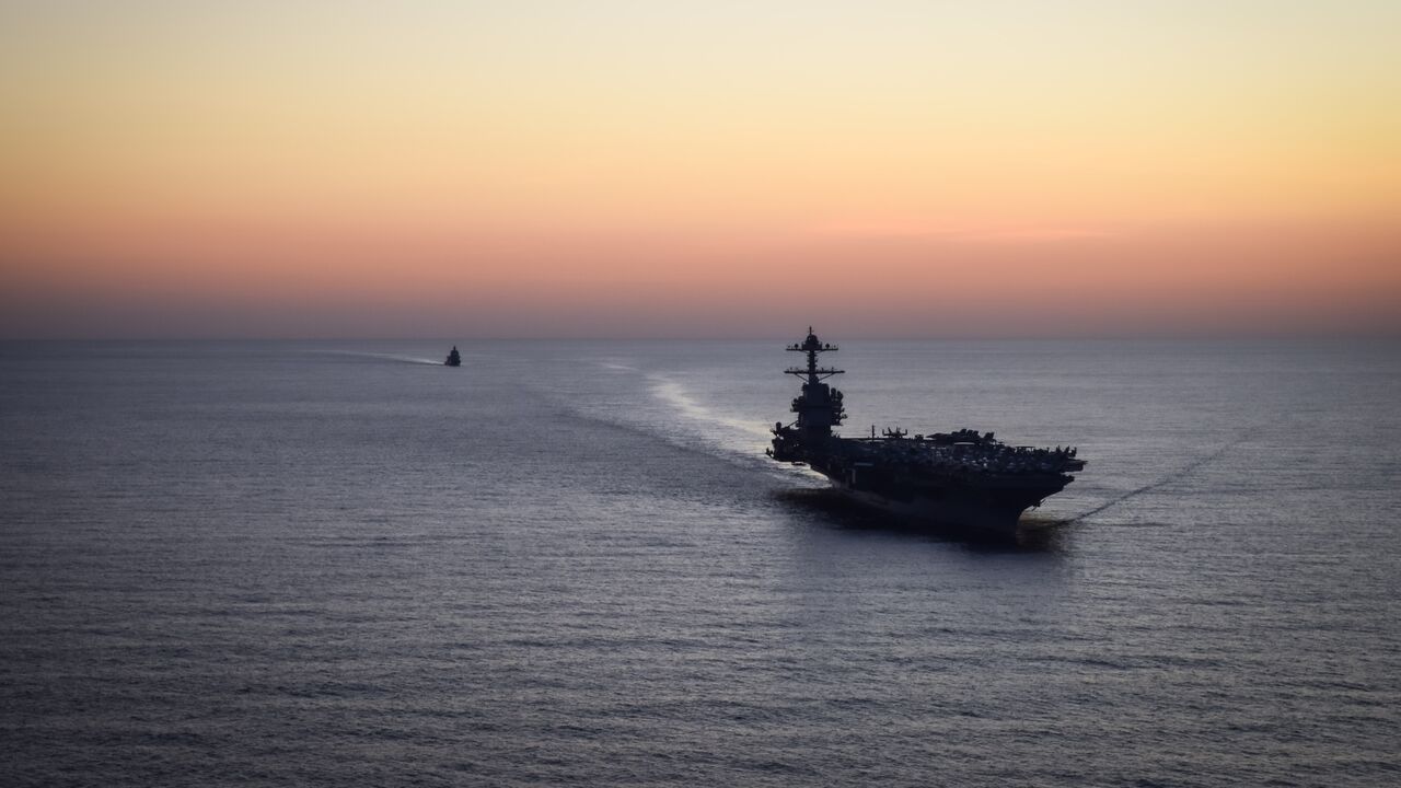 In this handout provided by the US Navy, The USS Gerald R. Ford, and Italian navy offshore Patrol Vessel ITS Paolo Thaon di Revel operate in the Mediterranean Sea, Oct. 2, 2025. 