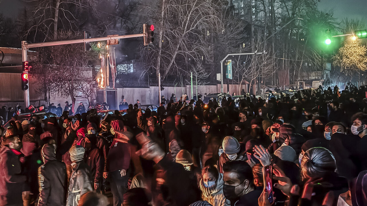 Crowd of protesters in a Tehran street as Iran was rocked by demonstrations in January 2026. 
