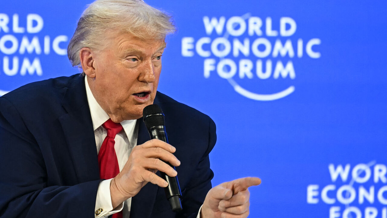 US President Donald Trump gestures as he speaks during the World Economic Forum (WEF) annual meeting in Davos on Jan. 21, 2026. 