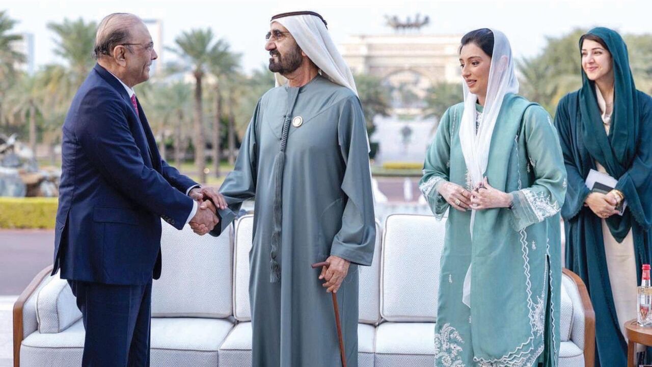 Sheikh Mohammed Bin Rashid Al Maktoum, vice president and prime minister of the UAE and ruler of Dubai, meets with Pakistani President Asif Ali Zardari at Za’abeel Palace in Dubai on Jan. 28, 2026. 