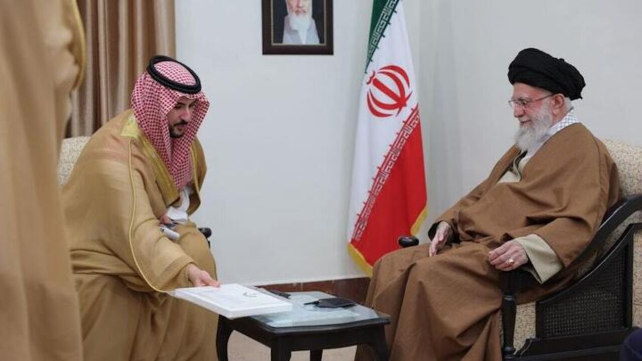 Saudi Arabia’s defense minister, Prince Khalid bin Salman (L), meets with Iranian Supreme Leader Ali Khamenei in Tehran in March 2025.