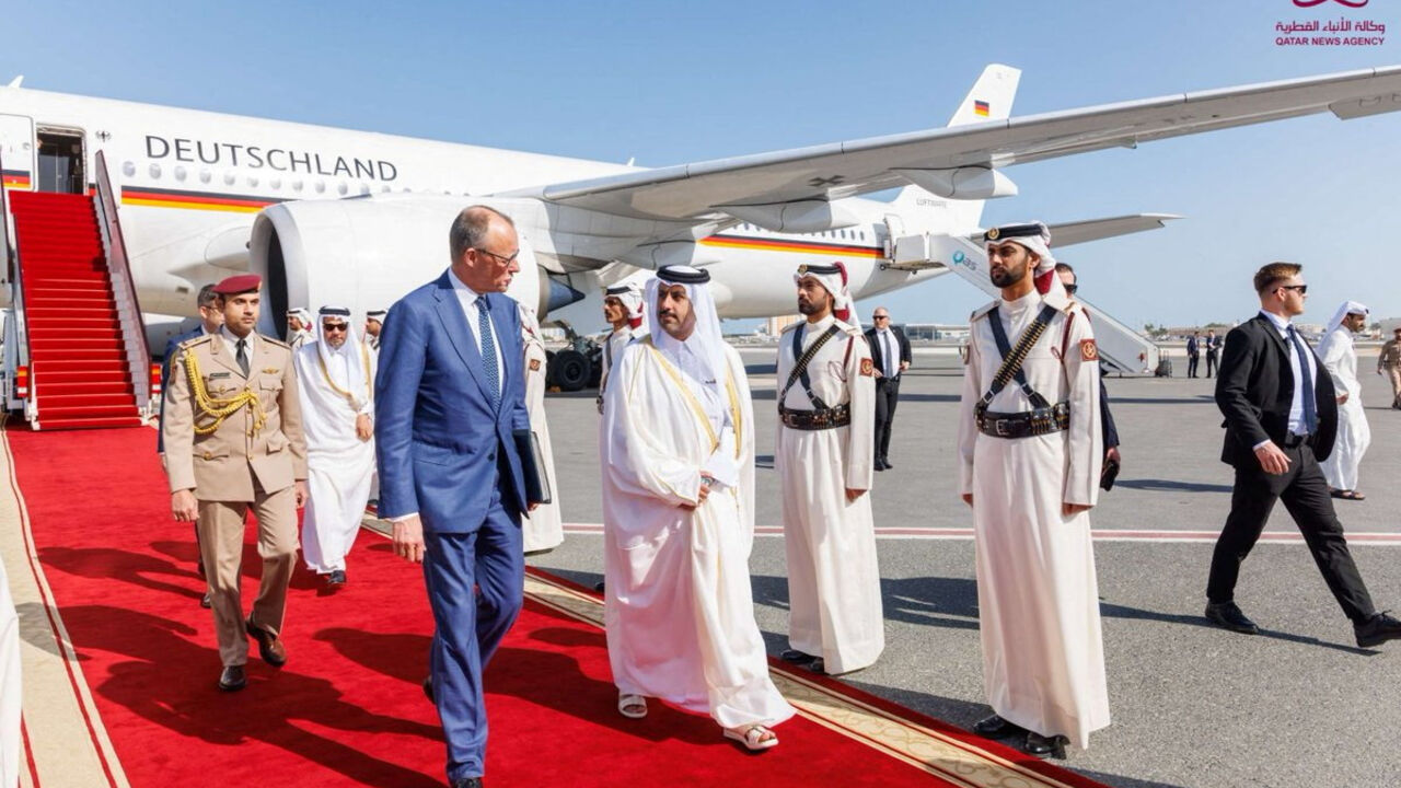 Qatar's Officials receive German Chancellor Friedrich Merz, in Doha, Qatar, February 5, 2026. Qatar News Agency/Handout via REUTERS