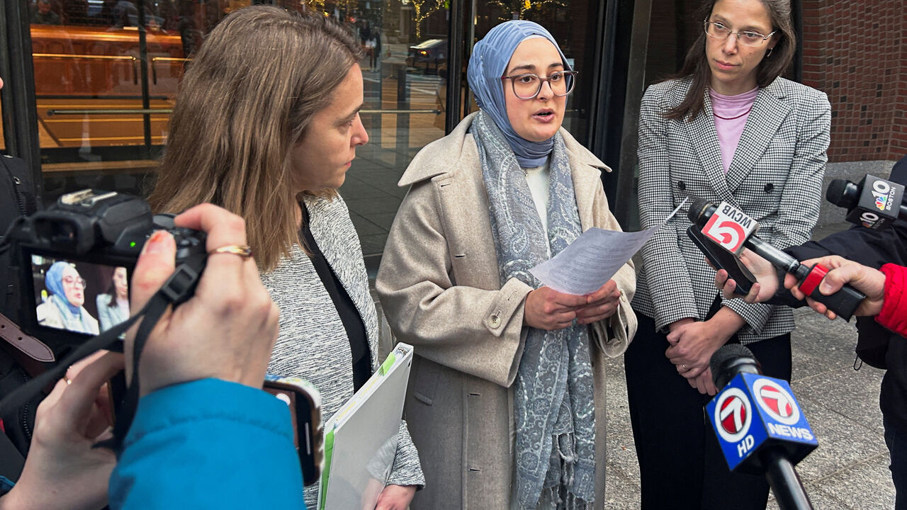 FILE PHOTO: Rumeysa Ozturk, a Tufts University student from Turkey, speaks to reporters after urging a federal judge to order the Trump administration to restore her student visa record, outside the federal court in Boston, Massachusetts, U.S., December 4, 2025. REUTERS/Nate Raymond/File Photo