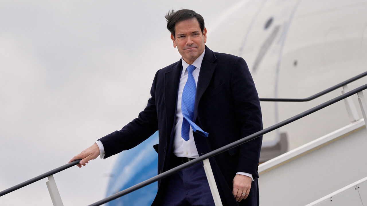 U.S. Secretary of State Marco Rubio arrives at Bratislava Airport in Bratislava, Slovakia, Sunday, Feb. 15, 2026.     Alex Brandon/Pool via REUTERS