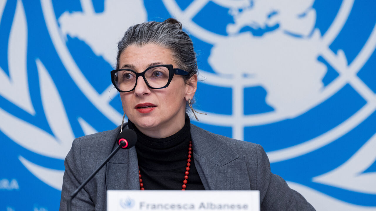 Special Rapporteur on the situation of human rights in the occupied Palestinian territory, Francesca Albanese, speaks during a press conference at the European headquarters of the UN in Geneva, Switzerland, December 11, 2024. REUTERS/Pierre Albouy