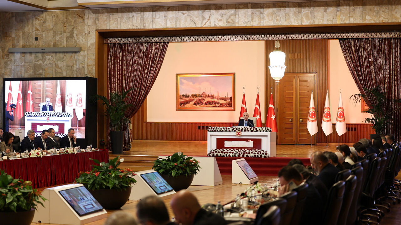 Turkey’s Parliament Speaker Numan Kurtulmus chairs a parliamentary commission set to vote on a draft report aimed at facilitating the disarmament of the outlawed Kurdistan Workers Party (PKK), a step that could advance a peace process to end more than four decades of conflict, in Ankara, Turkey, February 18, 2026. Grand National Assembly of Turkey/Handout via REUTERS