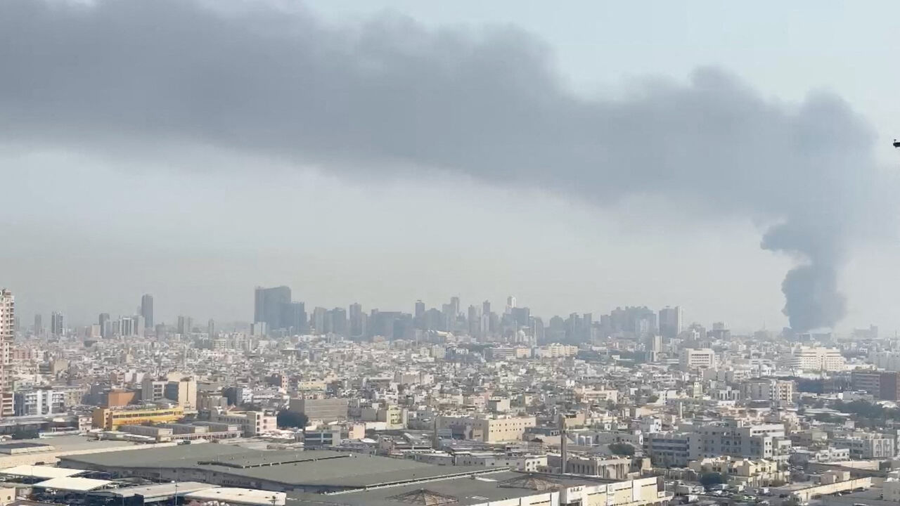 Smoke rises after the state news agency reported a missile attack on the service center of the U.S. Fifth Fleet, following strikes by the United States and Israel against Iran, in Manama, Bahrain, February 28. Video obtained by Reuters/via REUTERS