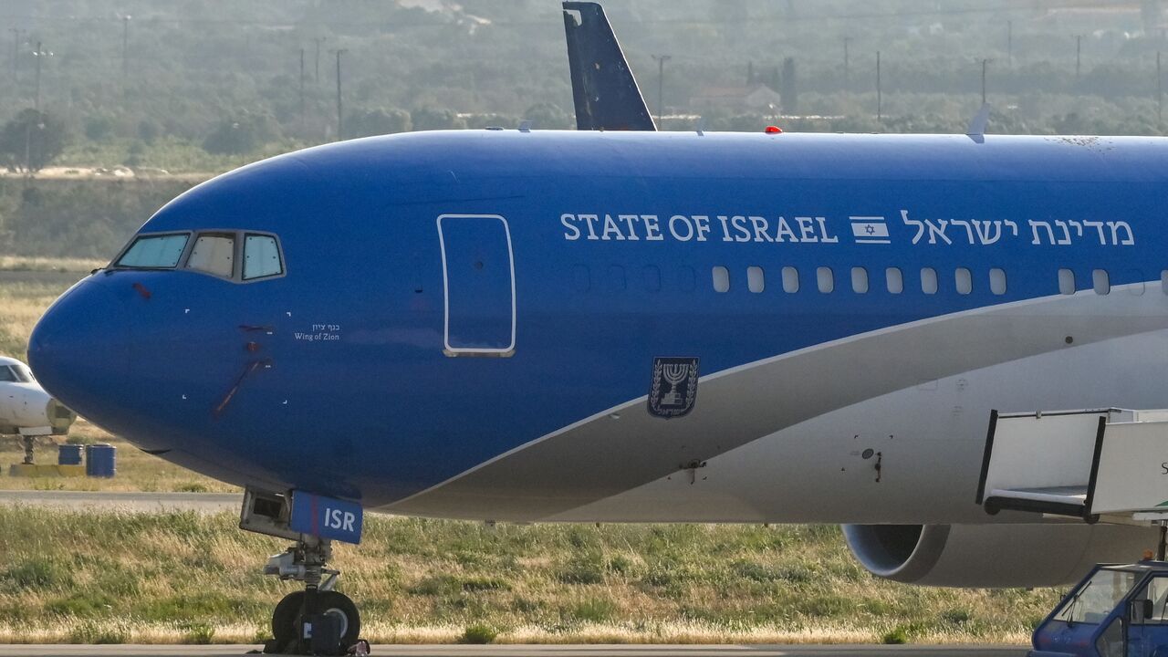 Israeli state aircraft Wing of Zion, which flew to Greece from Ben Gurion Airport, is seen at International Airport in Athens on June 13, 2025, in Athens, Greece. 