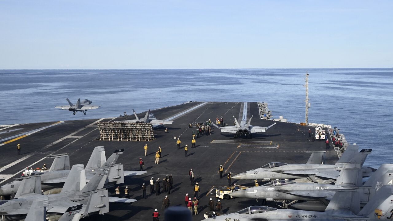 An F-18E fighter jet takes off from the aircraft carrier USS Gerald R. Ford, Sept. 24, 2025. 