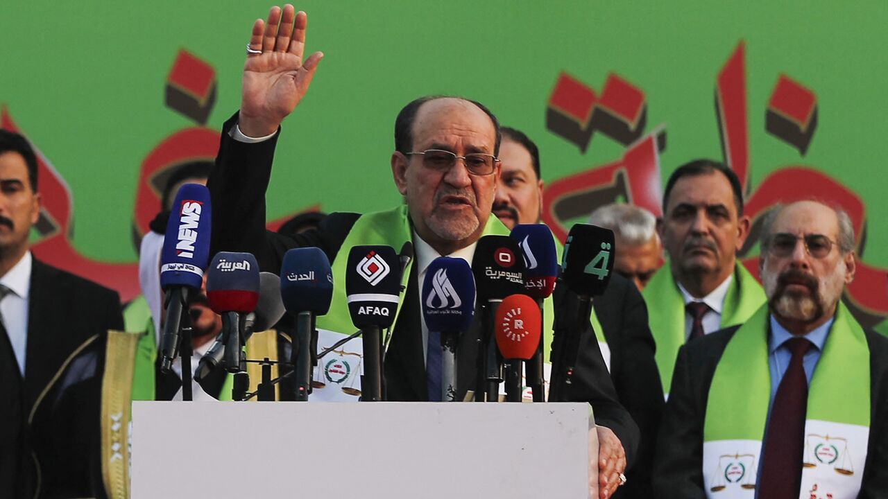 Former Iraqi Prime Minister Nouri al-Maliki delivers a speech during a campaign rally for the State of Law Coalition ahead of the country's parliamentary elections in Baghdad on Nov. 7, 2025. 