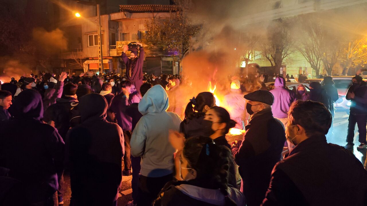 Fires are lit as protesters rally on Jan. 8, 2026 in Tehran, Iran. 