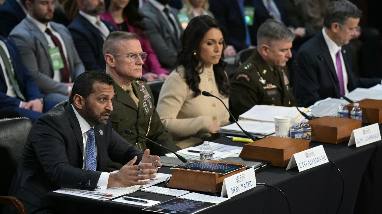 Top US intelligence officials including National Intelligence Director Tulsi Gabbard (center) testify on March 18, 2026 in front of a Senate committee to examine worldwide threats 