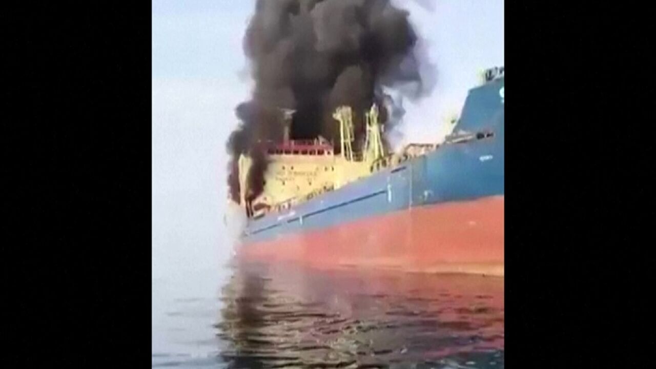 This video grab shows the Palau-flagged oil tanker Skylight, under US sanctions, engulfed in flames after being struck off the coast of Oman during the Middle East War