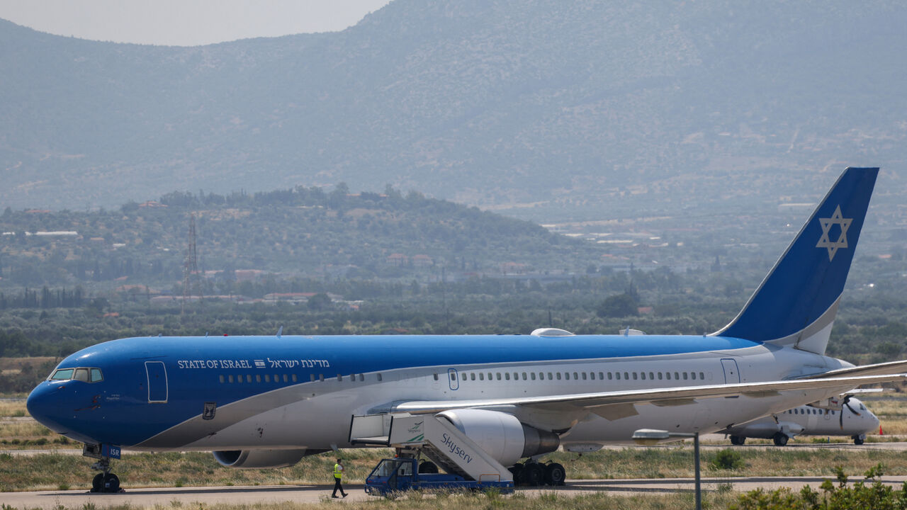 FILE PHOTO: Israeli state aircraft "Wing of Zion" which flew Israel's ambassador to Greece from Ben Gurion airport, is seen at International Airport in Athens, Greece, June 13, 2025. REUTERS/Stelios Misinas/File Photo