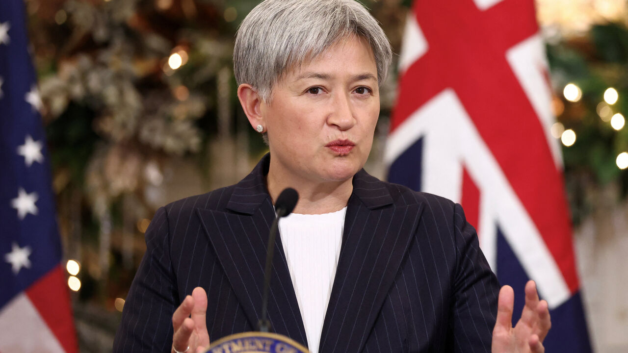 FILE PHOTO: Australian Foreign Minister Penny Wong speaks during the Australia-United States Ministerial Consultations (AUSMIN) at the State Department in Washington, D.C., U.S., December 8, 2025. REUTERS/Kevin Lamarque/File Photo