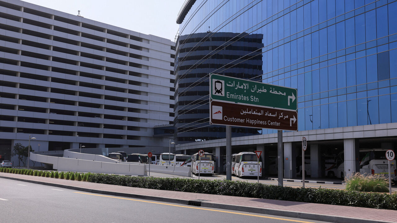 Buses are parked at the Emirates headquarters near the Dubai International Airport, following the United States and Israel strikes on Iran, in Dubai, United Arab Emirates, March 2, 2026. REUTERS/Raghed Waked