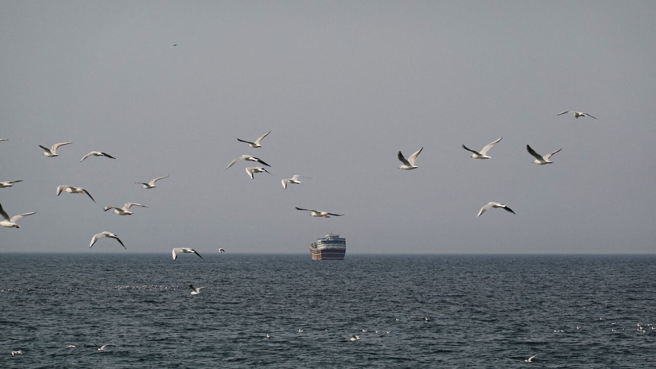 Birds fly near a boat in the Strait of Hormuz amid the U.S.-Israeli conflict with Iran, as seen from Musandam, Oman, March 2, 2026.REUTERS/Amr Alfiky