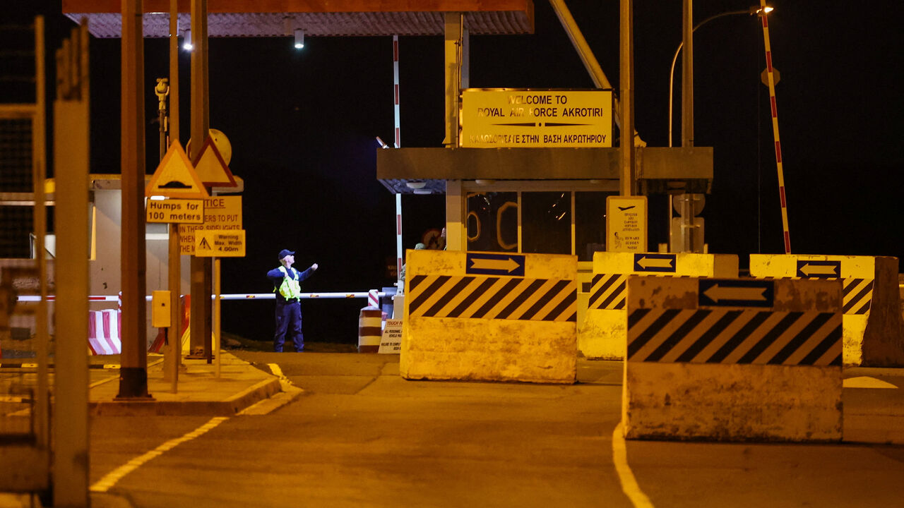 Entrance to the RAF Akrotiri, a British sovereign base in Cyprus, which was hit by an unmanned drone overnight, causing limited damage, after sirens sounded, in Cyprus March 2, 2026. REUTERS/Yiannis Kourtoglou