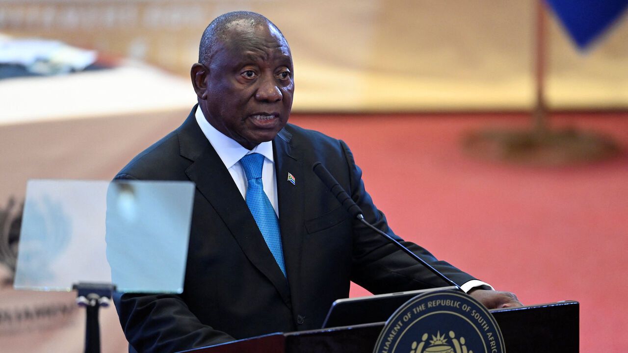 South African President Cyril Ramaphosa delivers the State of the Nation (SONA) address in Cape Town, South Africa, February 12, 2026.  Rodger Bosch/Pool via REUTERS