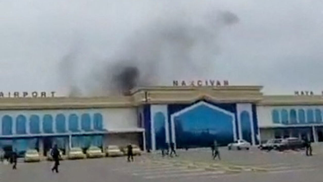 Smoke rises following a drone explosion at the airport of Nakhchivan, Azerbaijan, in this screengrab obtained from a social media video released March 5, 2026. Social Media/via REUTERS