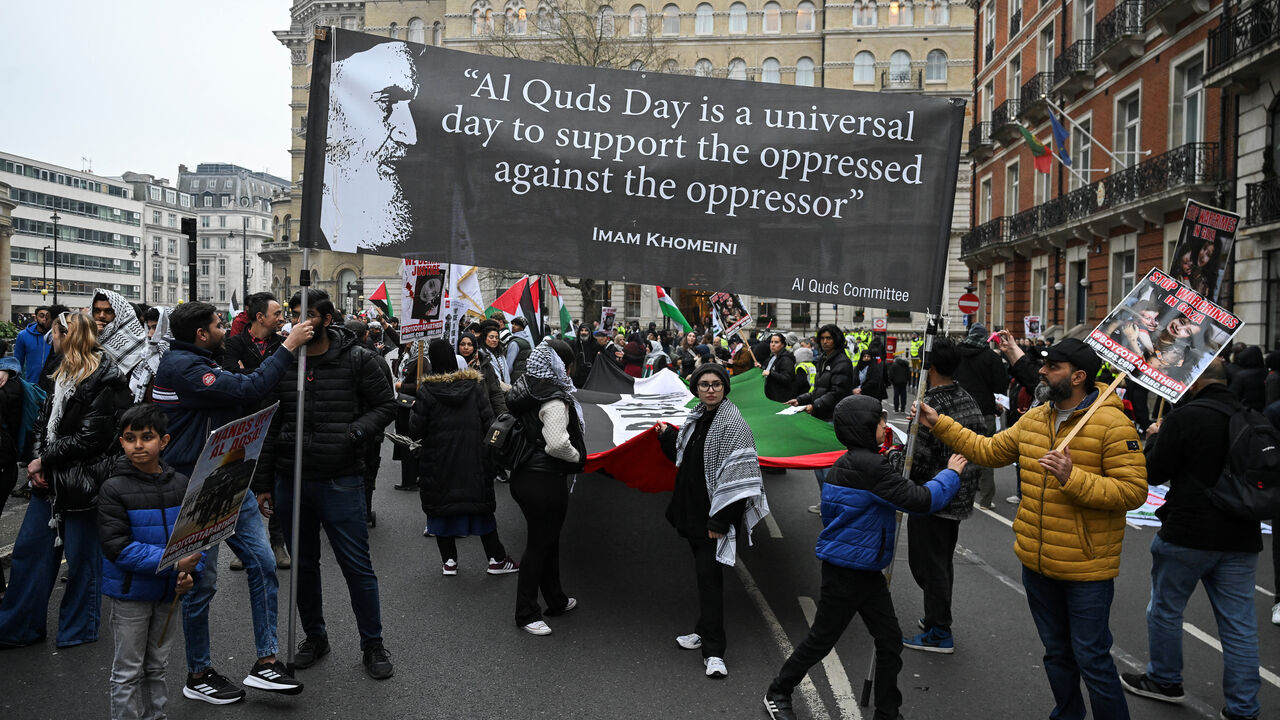 FILE PHOTO: People attend the annual al-Quds Day (Jerusalem Day) rally in support of the Palestinian people, in London, Britain, March 23, 2025. REUTERS/Jaimi Joy/File Photo