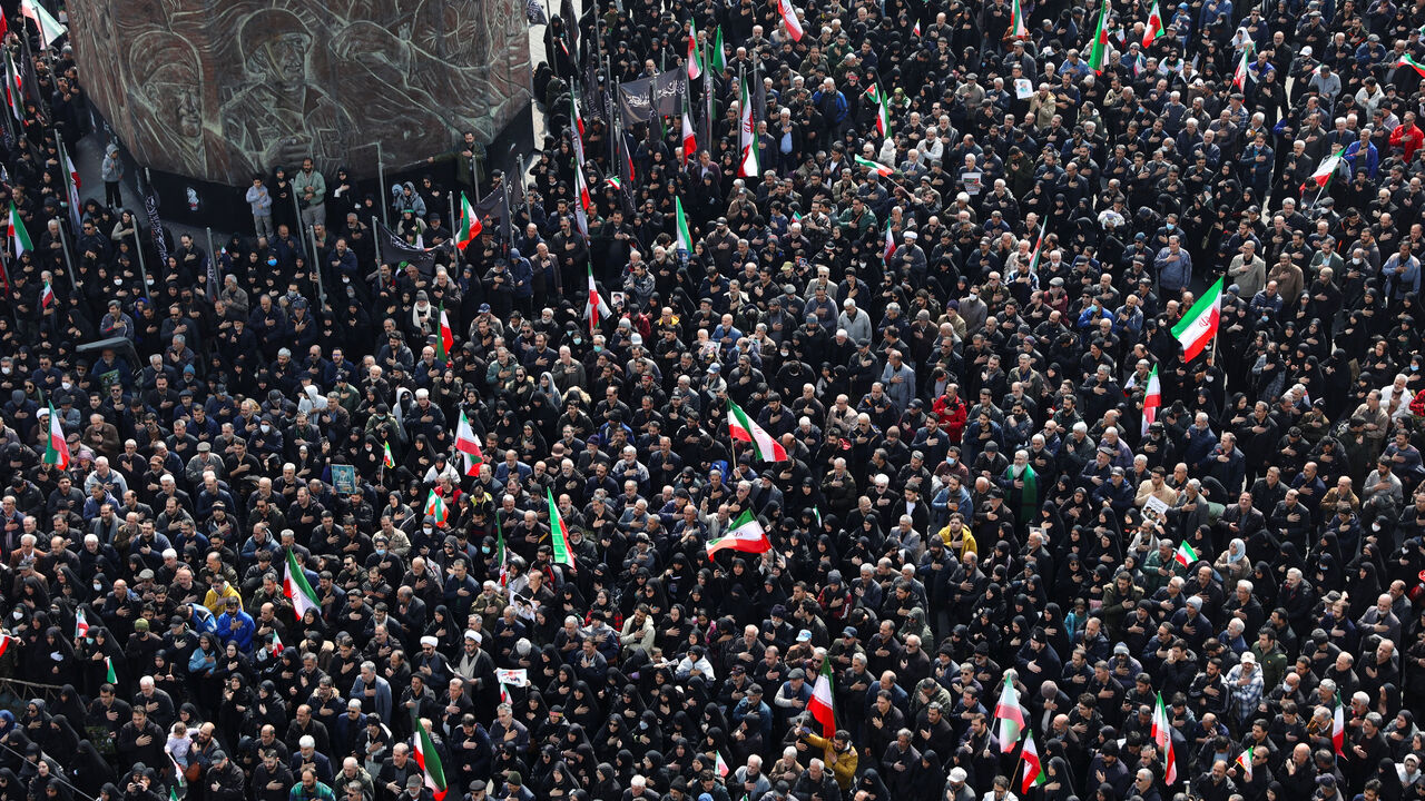 People attend a funeral ceremony for the Iranian military commanders who were killed in strikes, amid the U.S.-Israeli conflict with Iran, in Tehran, Iran, March 11, 2026. Majid Asgaripour/WANA (West Asia News Agency) via REUTERS