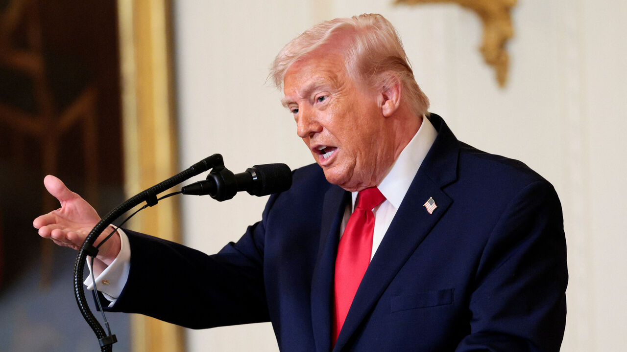 U.S. President Donald Trump speaks during a Women's History Month event in the East Room of the White House in Washington, D.C., U.S., March 12, 2026. REUTERS/Evan Vucci